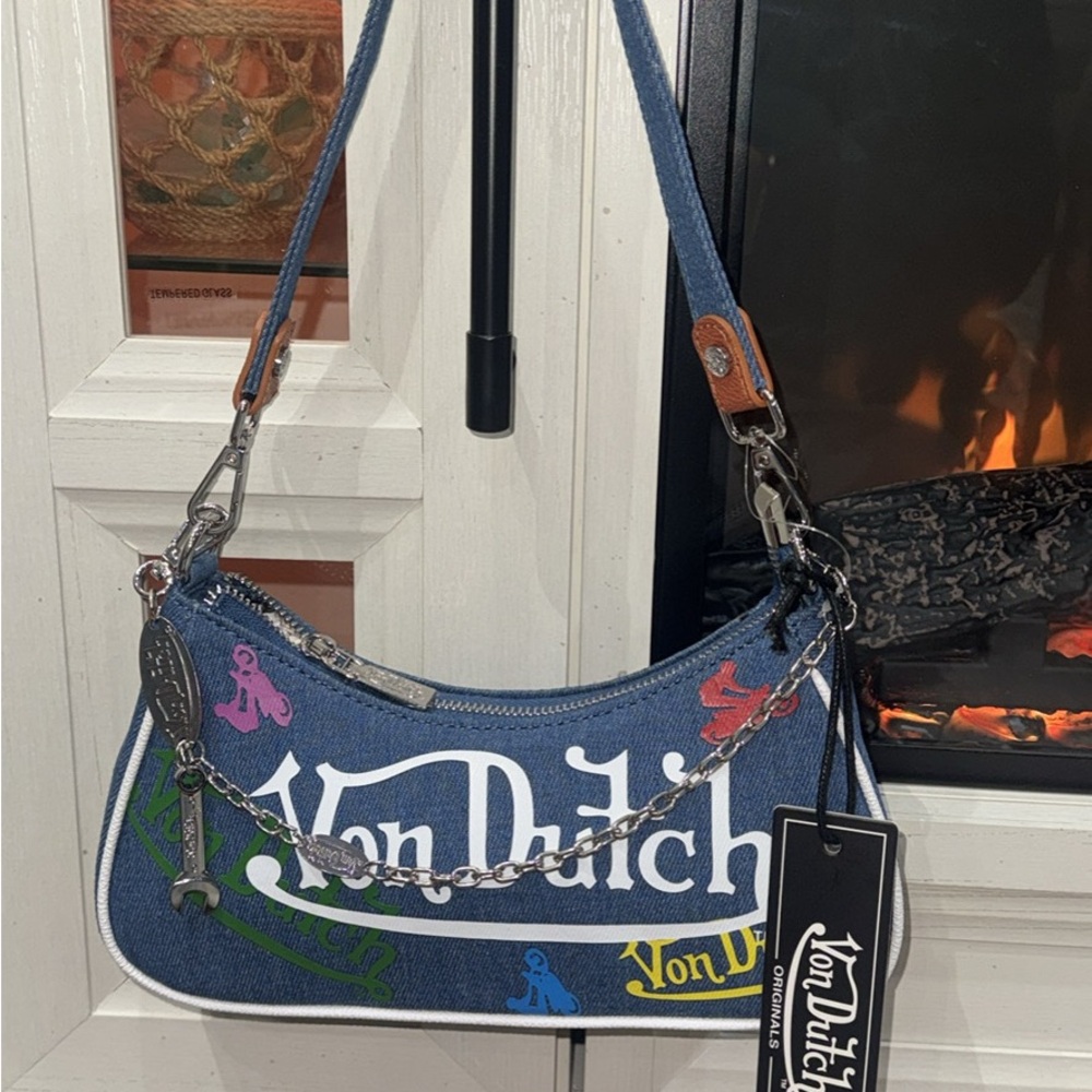 Von Dutch Denim Shoulder Bag with Colorful Accents